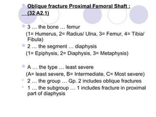 Oblique fracture Proximal Femoral Shaft :
(32 A2.1)
3 … the bone … femur
(1= Humerus, 2= Radius/ Ulna, 3= Femur, 4= Tibia/
Fibula)
2 … the segment … diaphysis
(1= Epiphysis, 2= Diaphysis, 3= Metaphysis)
A … the type … least severe
(A= least severe, B= Intermediate, C= Most severe)
 2 … the group … Gp. 2 includes oblique fractures
 1 … the subgroup … 1 includes fracture in proximal
part of diaphysis
 