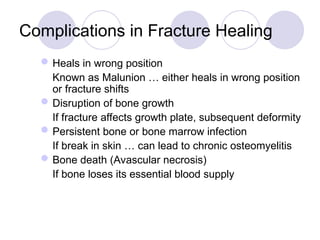 Complications in Fracture Healing
Heals in wrong position
Known as Malunion … either heals in wrong position
or fracture shifts
Disruption of bone growth
If fracture affects growth plate, subsequent deformity
Persistent bone or bone marrow infection
If break in skin … can lead to chronic osteomyelitis
Bone death (Avascular necrosis)
If bone loses its essential blood supply
 