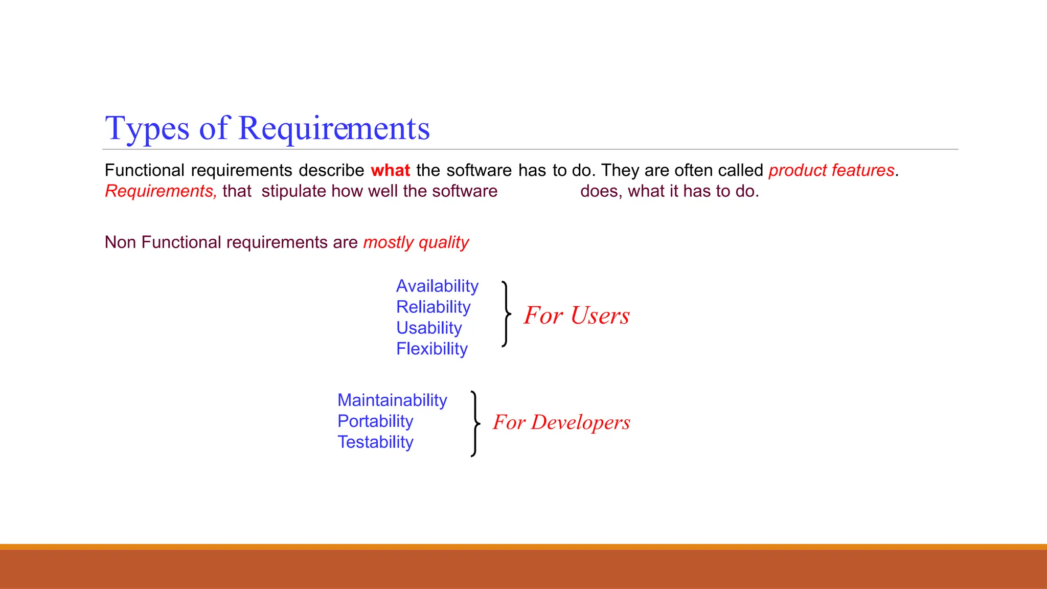 Maintainability
Portability
Testability
For Users
For Developers
Types of Requirements
Functional requirements describe what the software has to do. They are often called product features.
Requirements, that stipulate how well the software does, what it has to do.
Non Functional requirements are mostly quality
Availability
Reliability
Usability
Flexibility
 