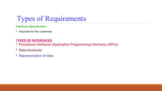 Types of Requirements
Interface Specification
• Important for the customers.
TYPES OF INTERFACES
• Procedural interfaces (Application Programming Interfaces (APIs))
• Data structures
• Representation of data.
 