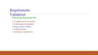 Requirements
Validation
Check the document for:
✓ Completeness & consistency
✓ Conformance to standards
✓ Requirements conflicts
✓ Technical errors
✓ Ambiguous requirements
 
