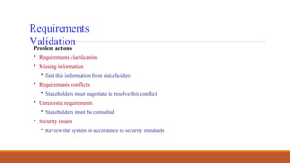 Requirements
Validation
Problem actions
• Requirements clarification
• Missing information
• find this information from stakeholders
• Requirements conflicts
• Stakeholders must negotiate to resolve this conflict
• Unrealistic requirements
• Stakeholders must be consulted
• Security issues
• Review the system in accordance to security standards
 