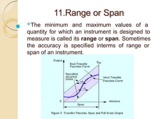 11.Range or Span
The minimum and maximum values of a
quantity for which an instrument is designed to
measure is called its range or span. Sometimes
the accuracy is specified interms of range or
span of an instrument.
 