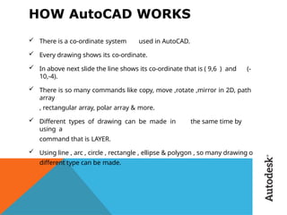 HOW AutoCAD WORKS
 There is a co-ordinate system used in AutoCAD.
 Every drawing shows its co-ordinate.
 In above next slide the line shows its co-ordinate that is ( 9,6 ) and (-
10,-4).
 There is so many commands like copy, move ,rotate ,mirror in 2D, path
array
, rectangular array, polar array & more.
 Different types of drawing can be made in the same time by
using a
command that is LAYER.
 Using line , arc , circle , rectangle , ellipse & polygon , so many drawing of
different type can be made.
 