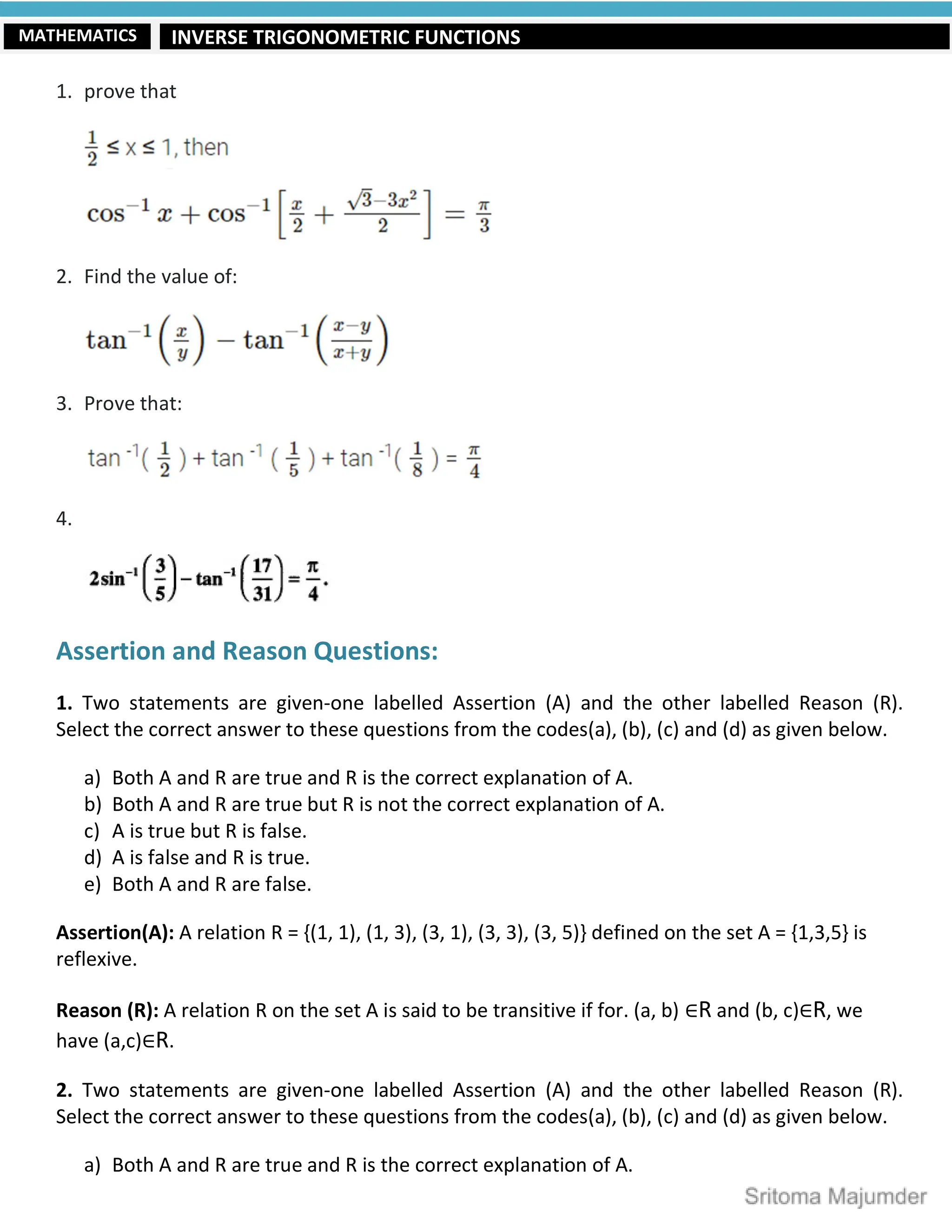 CBSE - Grade 12 - Mathematics - Ch 12- Inverse Trigonometric Functions ...