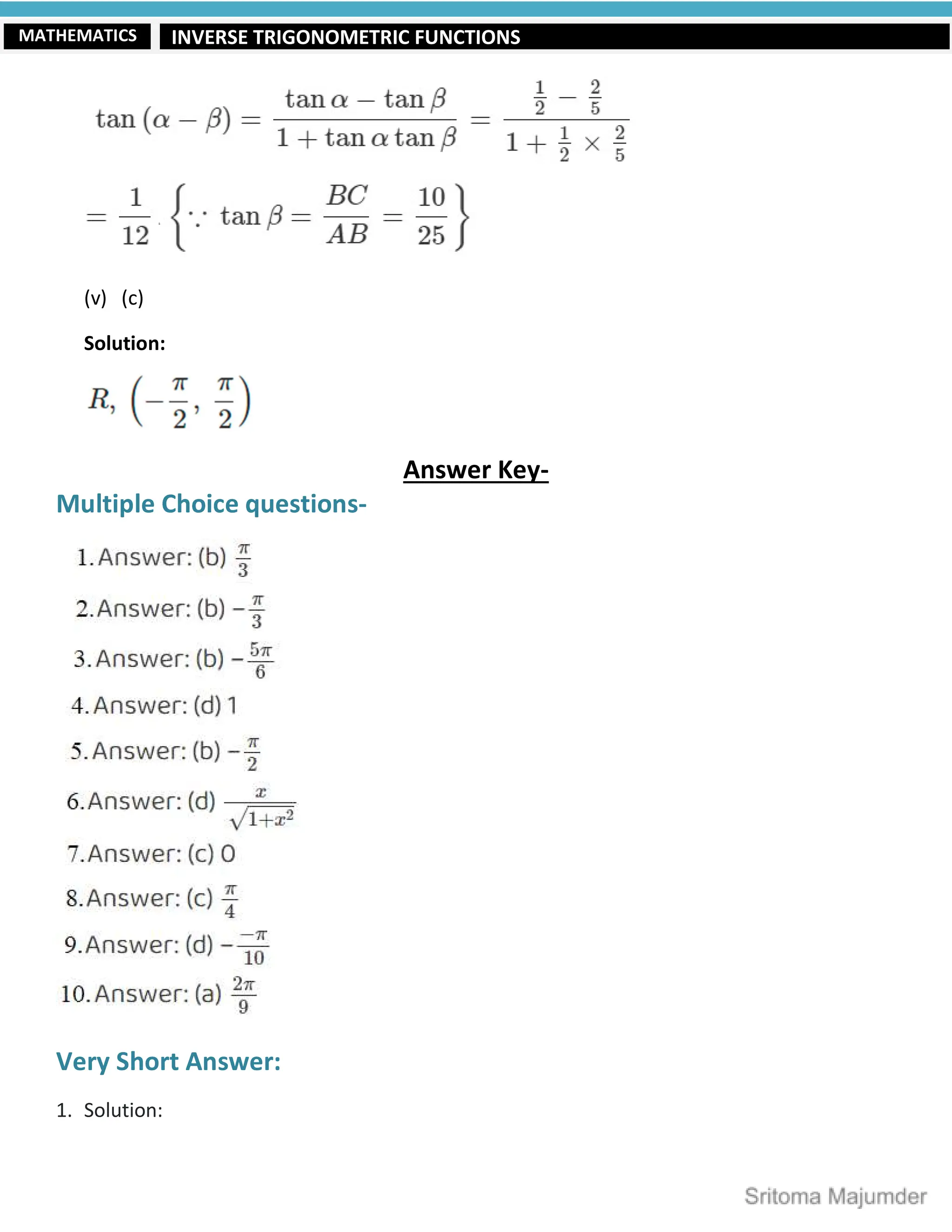 CBSE - Grade 12 - Mathematics - Ch 12- Inverse Trigonometric Functions ...