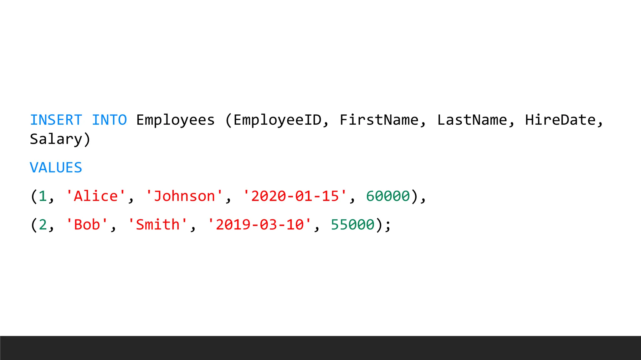 INSERT INTO Employees (EmployeeID, FirstName, LastName, HireDate,
Salary)
VALUES
(1, 'Alice', 'Johnson', '2020-01-15', 60000),
(2, 'Bob', 'Smith', '2019-03-10', 55000);
 