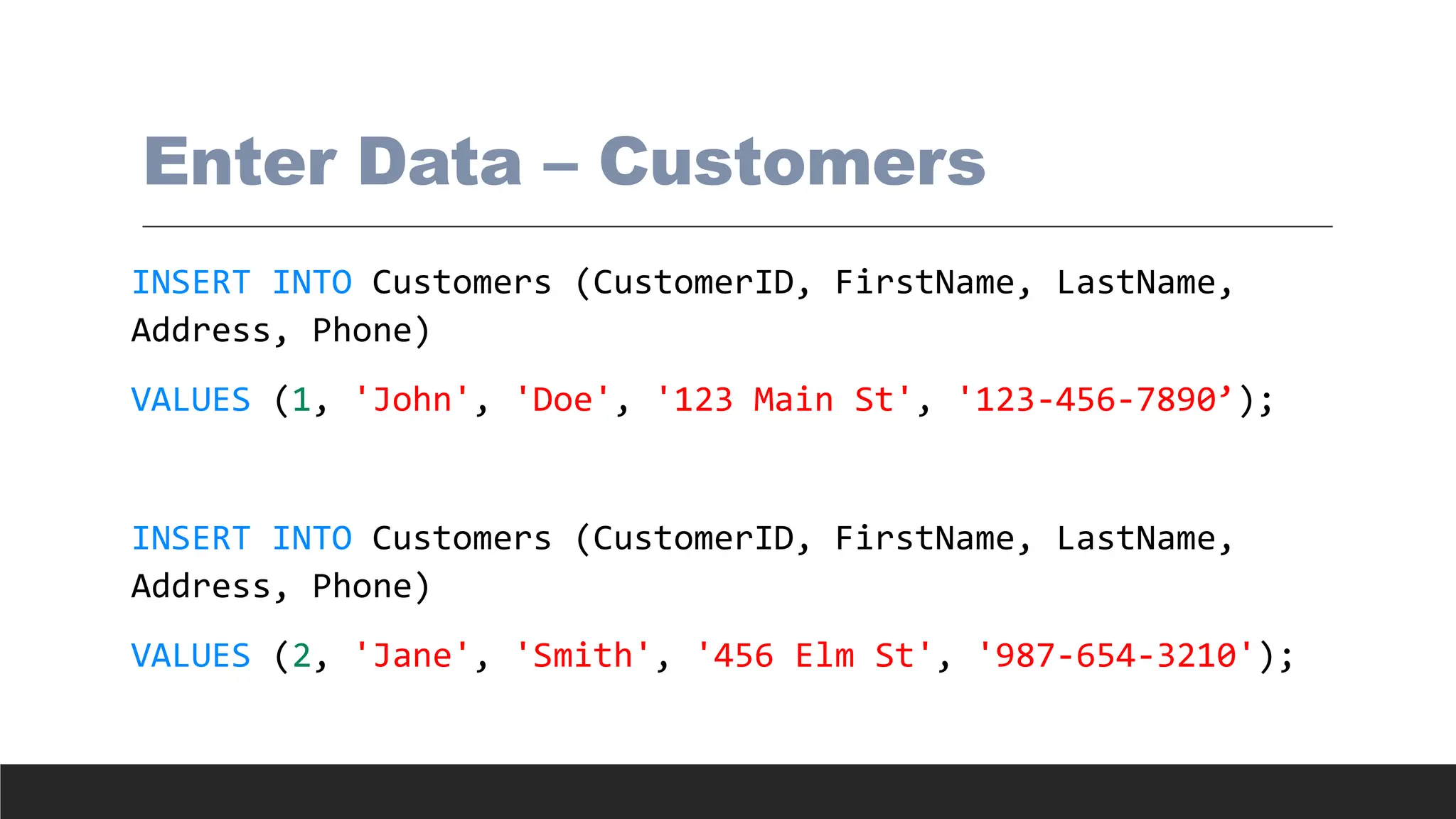 Enter Data – Customers
INSERT INTO Customers (CustomerID, FirstName, LastName,
Address, Phone)
VALUES (1, 'John', 'Doe', '123 Main St', '123-456-7890’);
INSERT INTO Customers (CustomerID, FirstName, LastName,
Address, Phone)
VALUES (2, 'Jane', 'Smith', '456 Elm St', '987-654-3210');
 