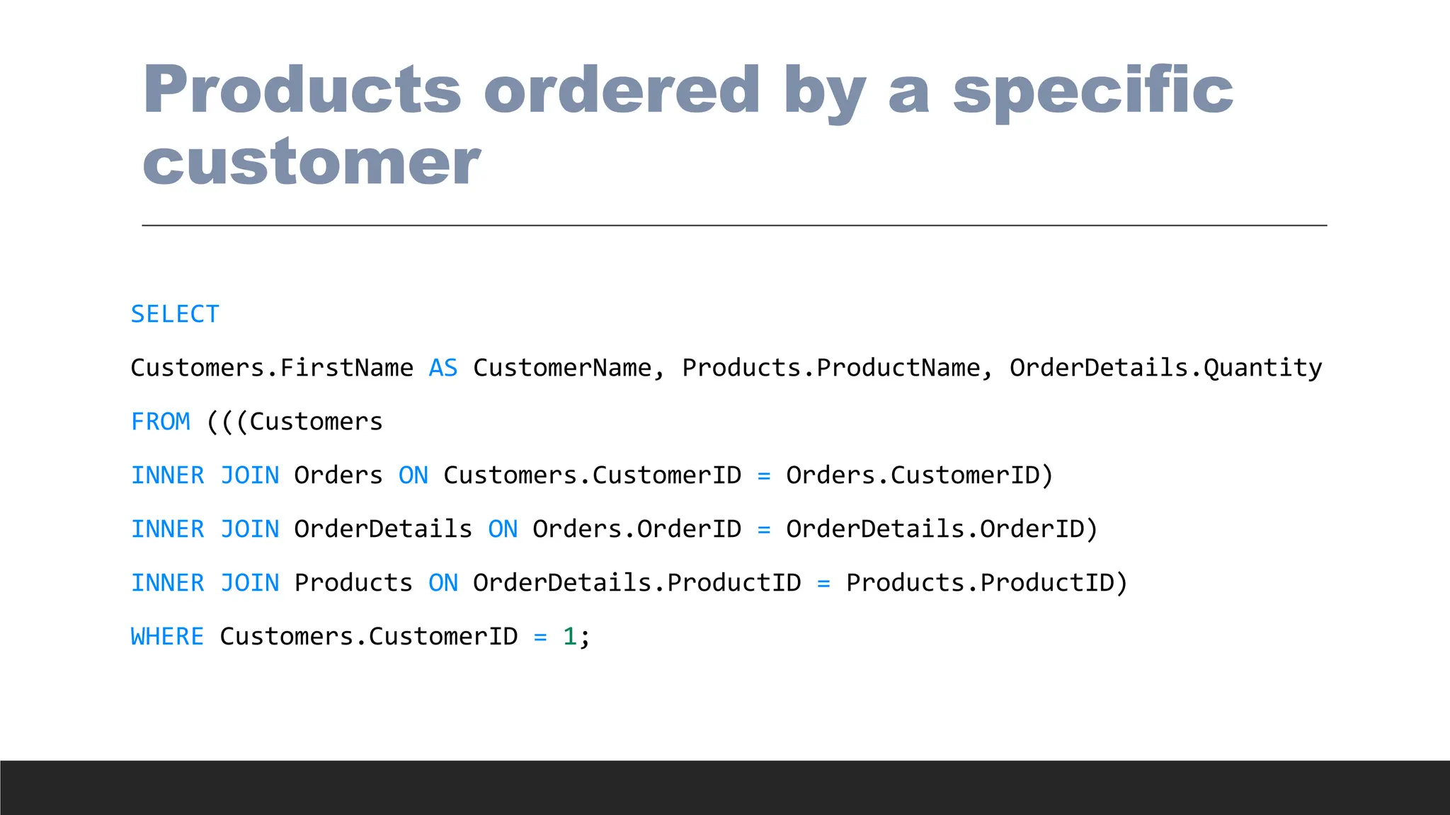Products ordered by a specific
customer
SELECT
Customers.FirstName AS CustomerName, Products.ProductName, OrderDetails.Quantity
FROM (((Customers
INNER JOIN Orders ON Customers.CustomerID = Orders.CustomerID)
INNER JOIN OrderDetails ON Orders.OrderID = OrderDetails.OrderID)
INNER JOIN Products ON OrderDetails.ProductID = Products.ProductID)
WHERE Customers.CustomerID = 1;
 