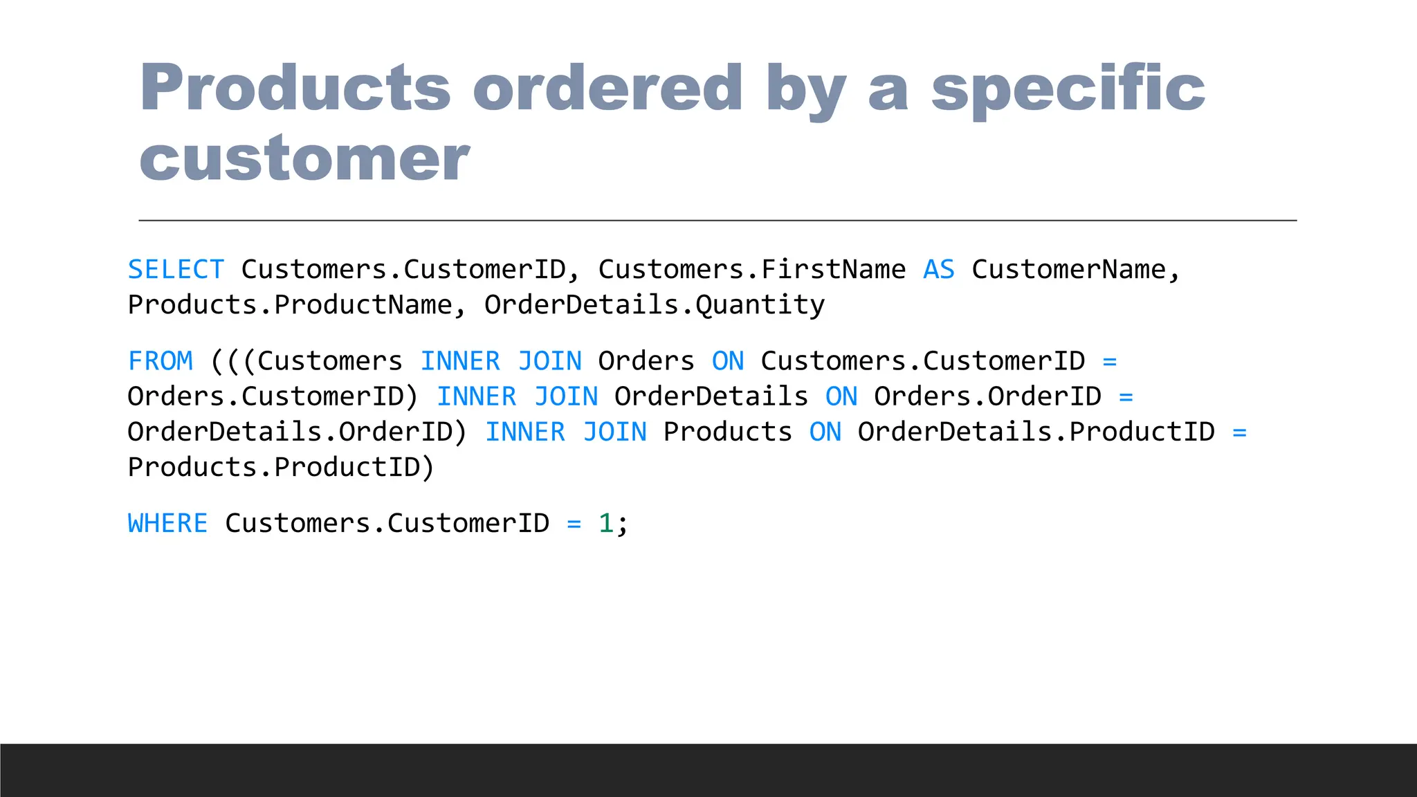Products ordered by a specific
customer
SELECT Customers.CustomerID, Customers.FirstName AS CustomerName,
Products.ProductName, OrderDetails.Quantity
FROM (((Customers INNER JOIN Orders ON Customers.CustomerID =
Orders.CustomerID) INNER JOIN OrderDetails ON Orders.OrderID =
OrderDetails.OrderID) INNER JOIN Products ON OrderDetails.ProductID =
Products.ProductID)
WHERE Customers.CustomerID = 1;
 