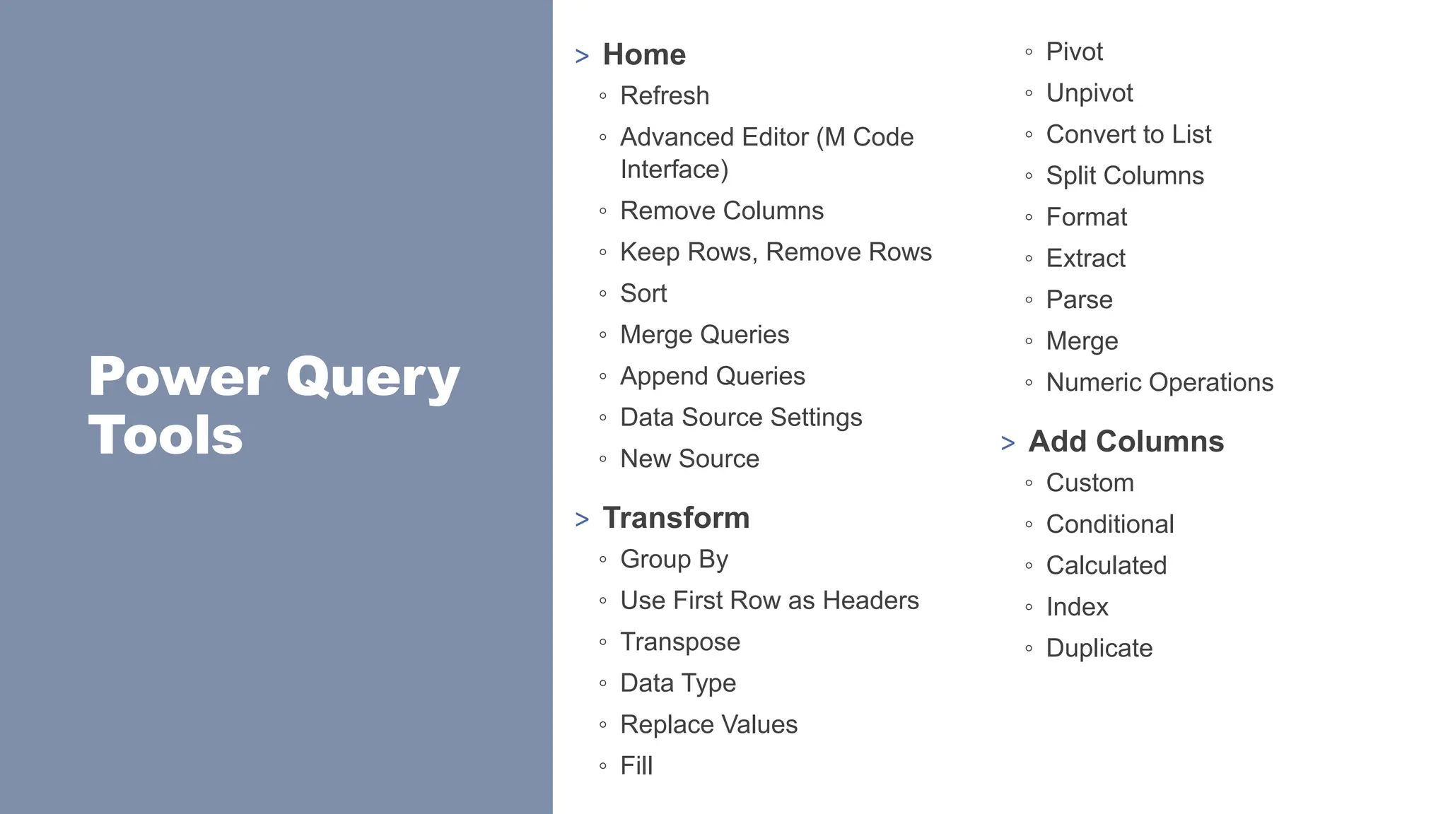 Power Query
Tools
> Home
◦ Refresh
◦ Advanced Editor (M Code
Interface)
◦ Remove Columns
◦ Keep Rows, Remove Rows
◦ Sort
◦ Merge Queries
◦ Append Queries
◦ Data Source Settings
◦ New Source
> Transform
◦ Group By
◦ Use First Row as Headers
◦ Transpose
◦ Data Type
◦ Replace Values
◦ Fill
◦ Pivot
◦ Unpivot
◦ Convert to List
◦ Split Columns
◦ Format
◦ Extract
◦ Parse
◦ Merge
◦ Numeric Operations
> Add Columns
◦ Custom
◦ Conditional
◦ Calculated
◦ Index
◦ Duplicate
 