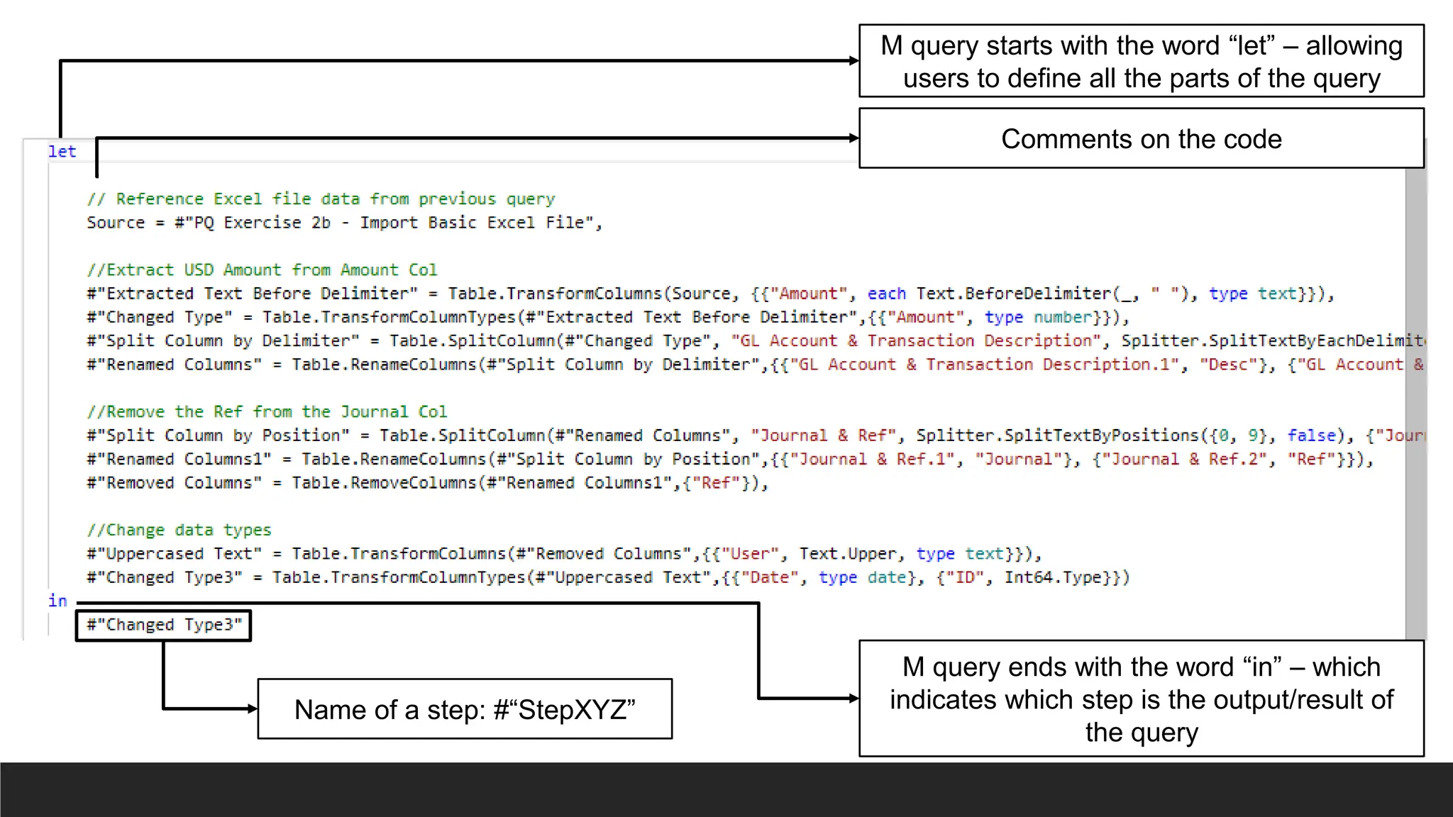 M query starts with the word “let” – allowing
users to define all the parts of the query
M query ends with the word “in” – which
indicates which step is the output/result of
the query
Comments on the code
Name of a step: #“StepXYZ”
 