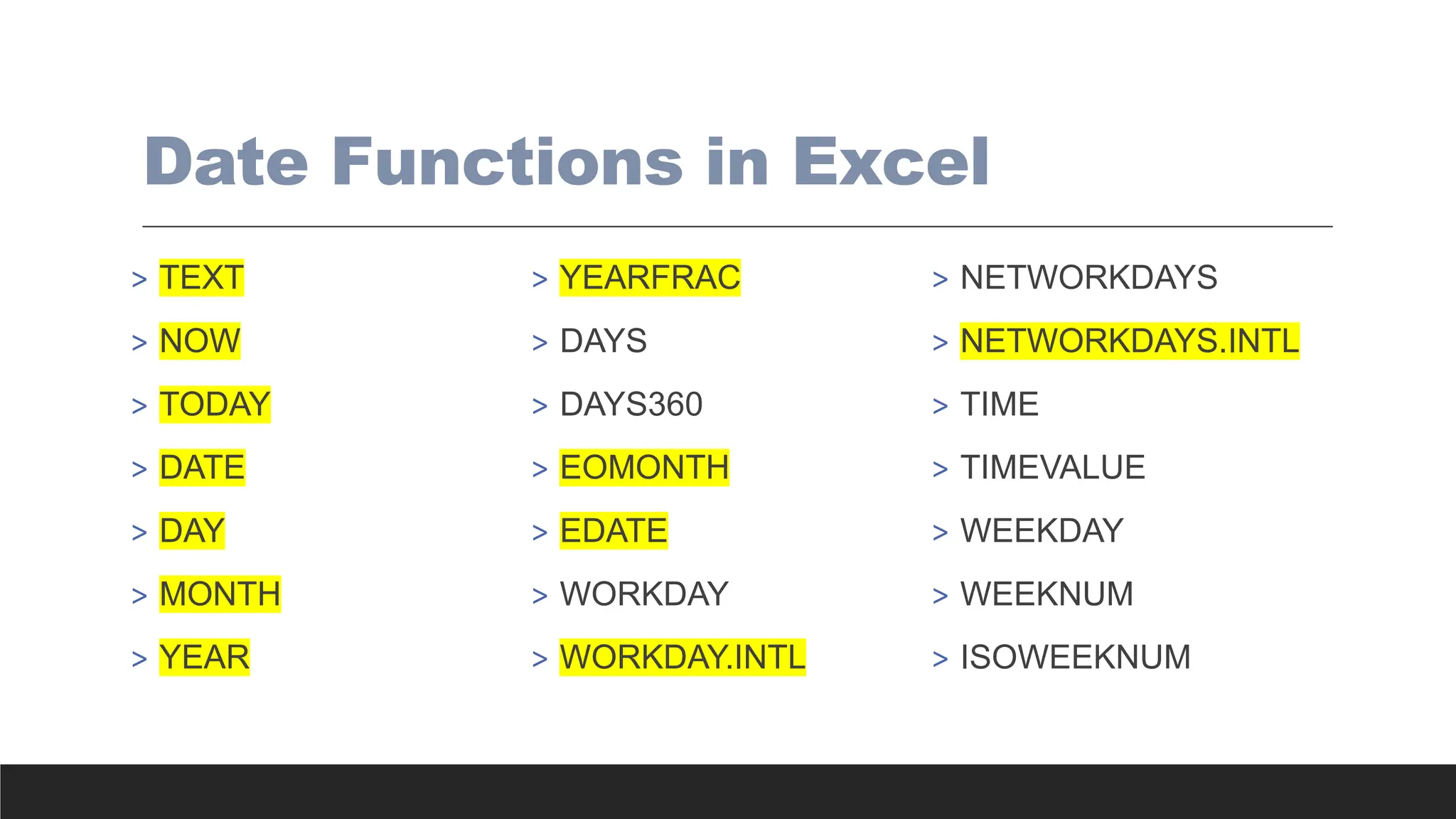 Date Functions in Excel
> TEXT
> NOW
> TODAY
> DATE
> DAY
> MONTH
> YEAR
> YEARFRAC
> DAYS
> DAYS360
> EOMONTH
> EDATE
> WORKDAY
> WORKDAY.INTL
> NETWORKDAYS
> NETWORKDAYS.INTL
> TIME
> TIMEVALUE
> WEEKDAY
> WEEKNUM
> ISOWEEKNUM
 
