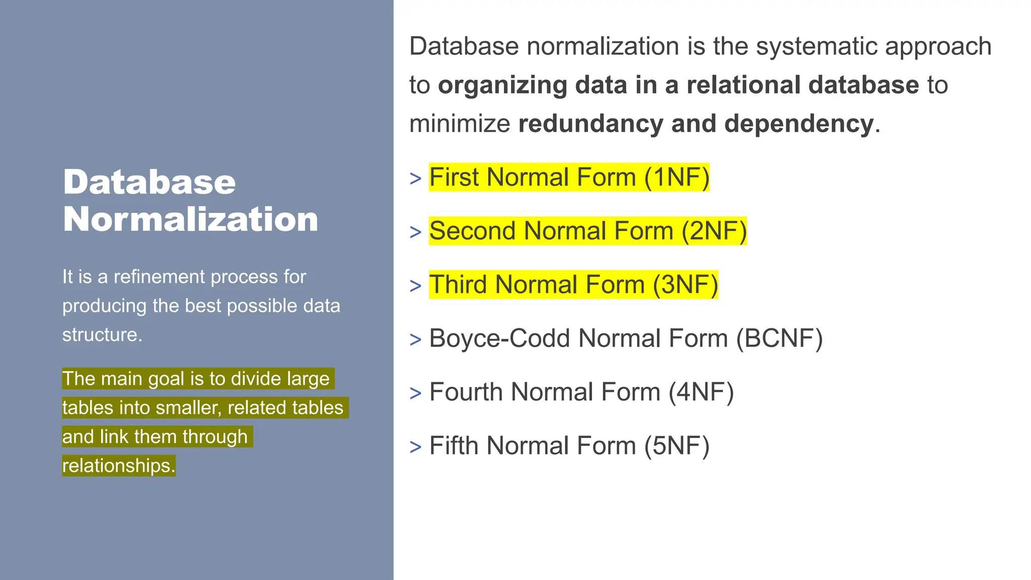Database
Normalization
Database normalization is the systematic approach
to organizing data in a relational database to
minimize redundancy and dependency.
> First Normal Form (1NF)
> Second Normal Form (2NF)
> Third Normal Form (3NF)
> Boyce-Codd Normal Form (BCNF)
> Fourth Normal Form (4NF)
> Fifth Normal Form (5NF)
It is a refinement process for
producing the best possible data
structure.
The main goal is to divide large
tables into smaller, related tables
and link them through
relationships.
 