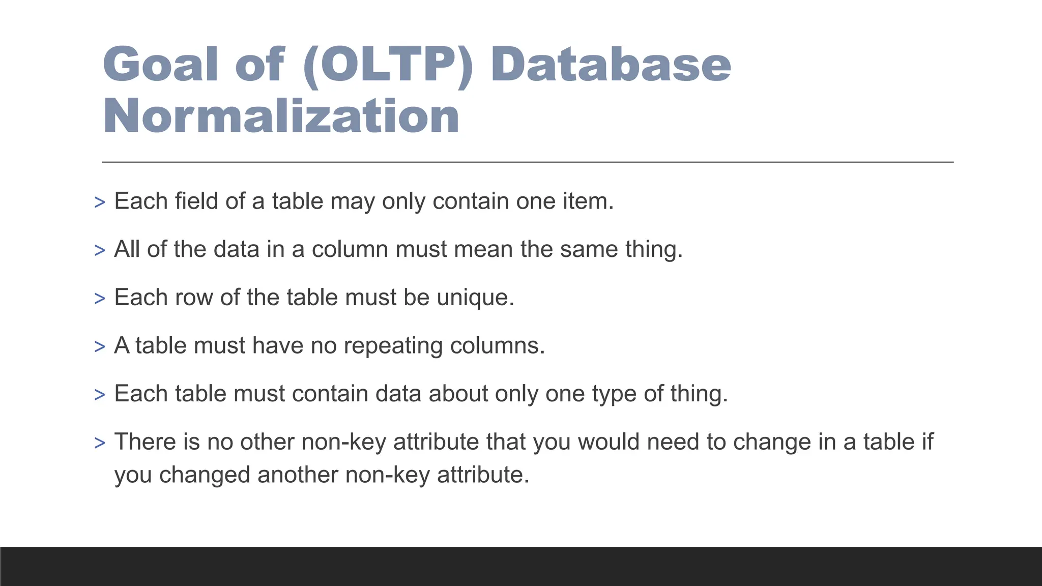 Goal of (OLTP) Database
Normalization
> Each field of a table may only contain one item.
> All of the data in a column must mean the same thing.
> Each row of the table must be unique.
> A table must have no repeating columns.
> Each table must contain data about only one type of thing.
> There is no other non-key attribute that you would need to change in a table if
you changed another non-key attribute.
 