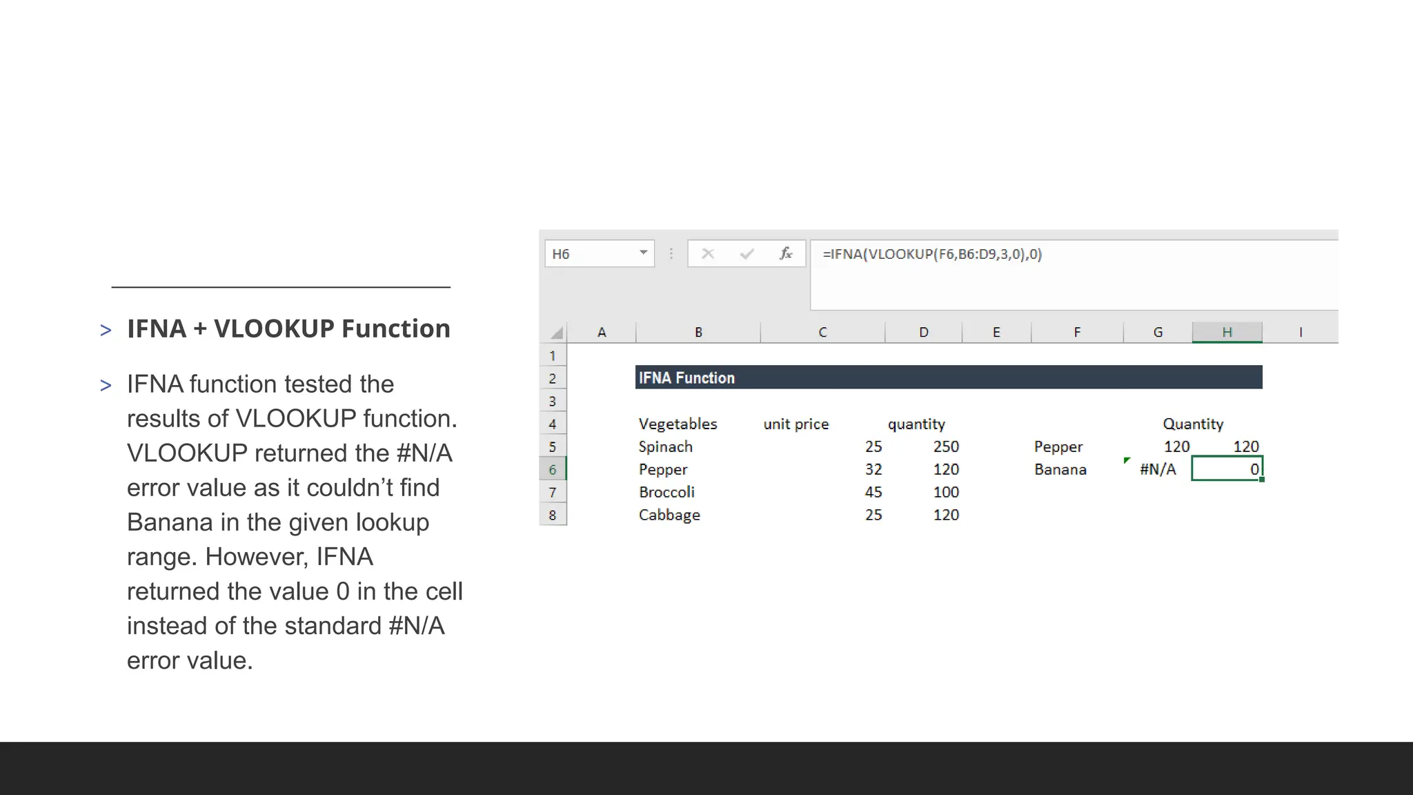 > IFNA + VLOOKUP Function
> IFNA function tested the
results of VLOOKUP function.
VLOOKUP returned the #N/A
error value as it couldn’t find
Banana in the given lookup
range. However, IFNA
returned the value 0 in the cell
instead of the standard #N/A
error value.
 