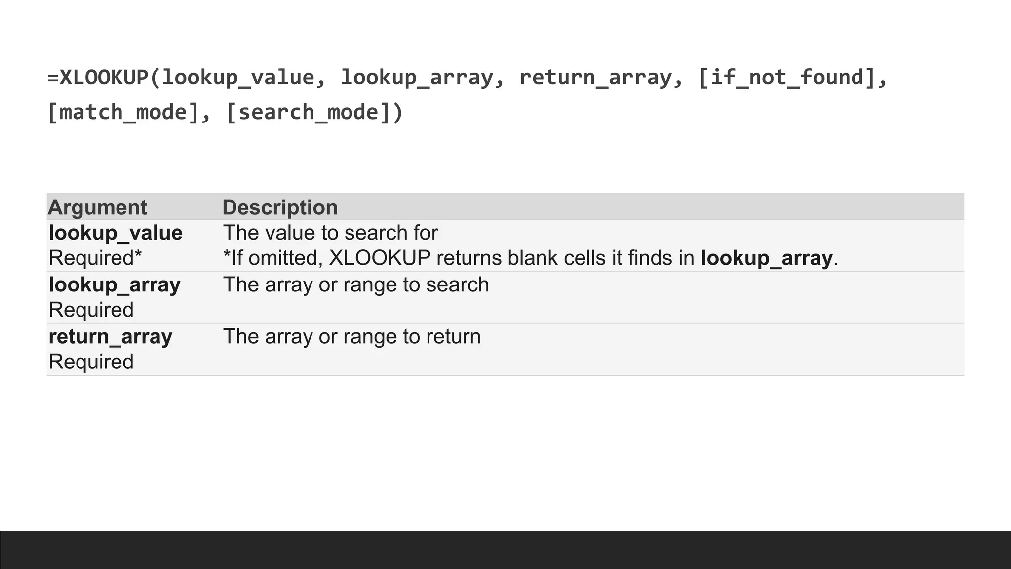 =XLOOKUP(lookup_value, lookup_array, return_array, [if_not_found],
[match_mode], [search_mode])
Argument Description
lookup_value
Required*
The value to search for
*If omitted, XLOOKUP returns blank cells it finds in lookup_array.
lookup_array
Required
The array or range to search
return_array
Required
The array or range to return
 