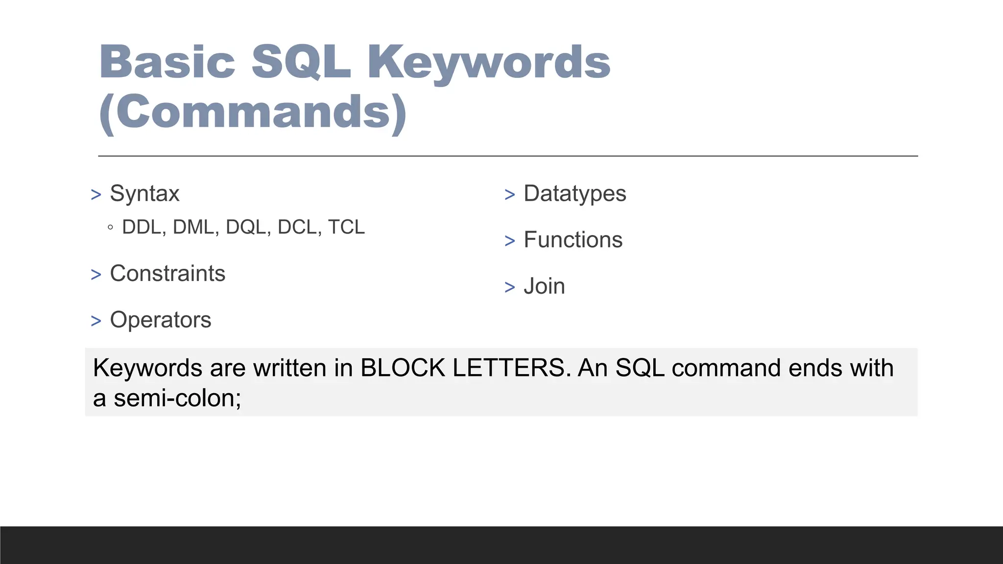 Basic SQL Keywords
(Commands)
> Syntax
◦ DDL, DML, DQL, DCL, TCL
> Constraints
> Operators
> Datatypes
> Functions
> Join
Keywords are written in BLOCK LETTERS. An SQL command ends with
a semi-colon;
 