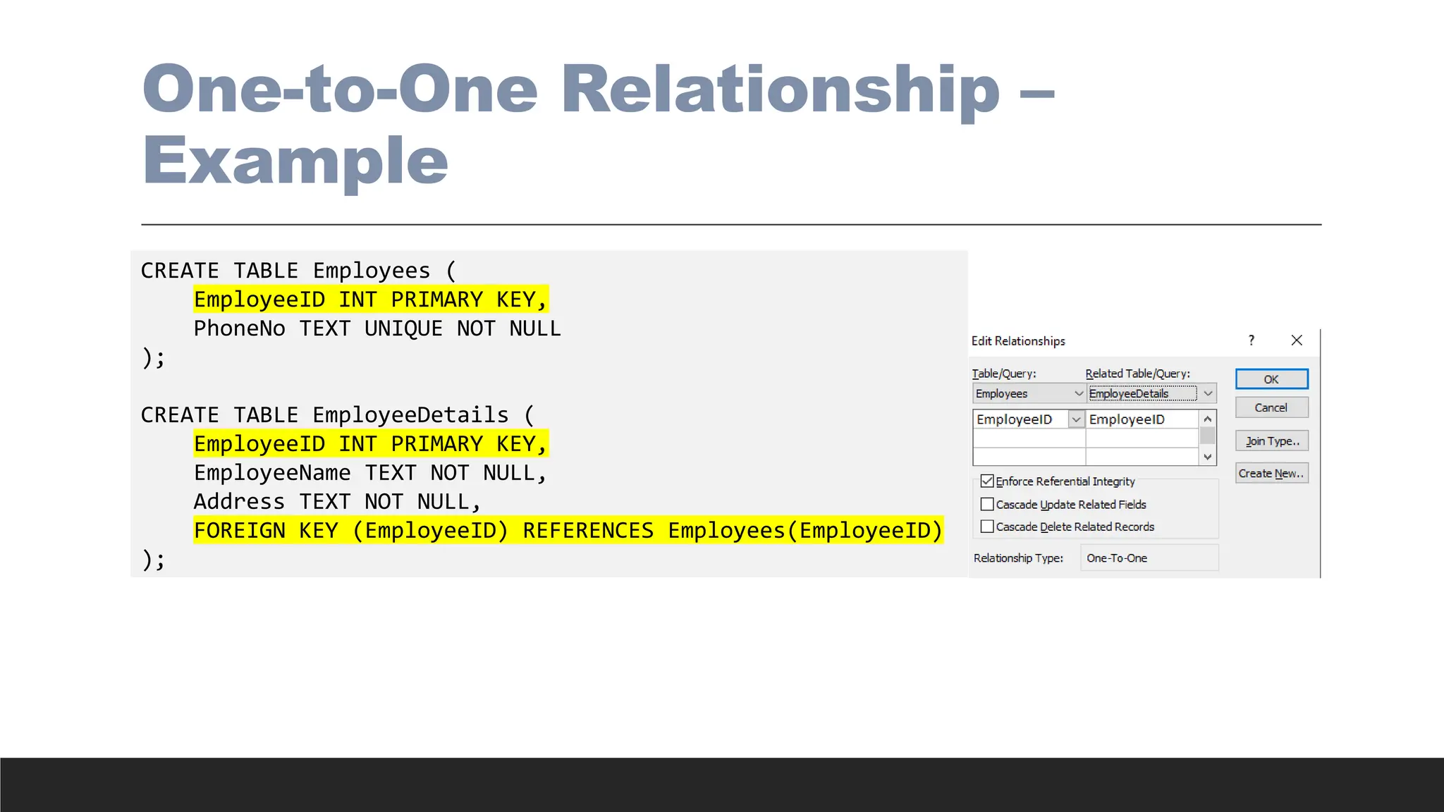 One-to-One Relationship –
Example
CREATE TABLE Employees (
EmployeeID INT PRIMARY KEY,
PhoneNo TEXT UNIQUE NOT NULL
);
CREATE TABLE EmployeeDetails (
EmployeeID INT PRIMARY KEY,
EmployeeName TEXT NOT NULL,
Address TEXT NOT NULL,
FOREIGN KEY (EmployeeID) REFERENCES Employees(EmployeeID)
);
 