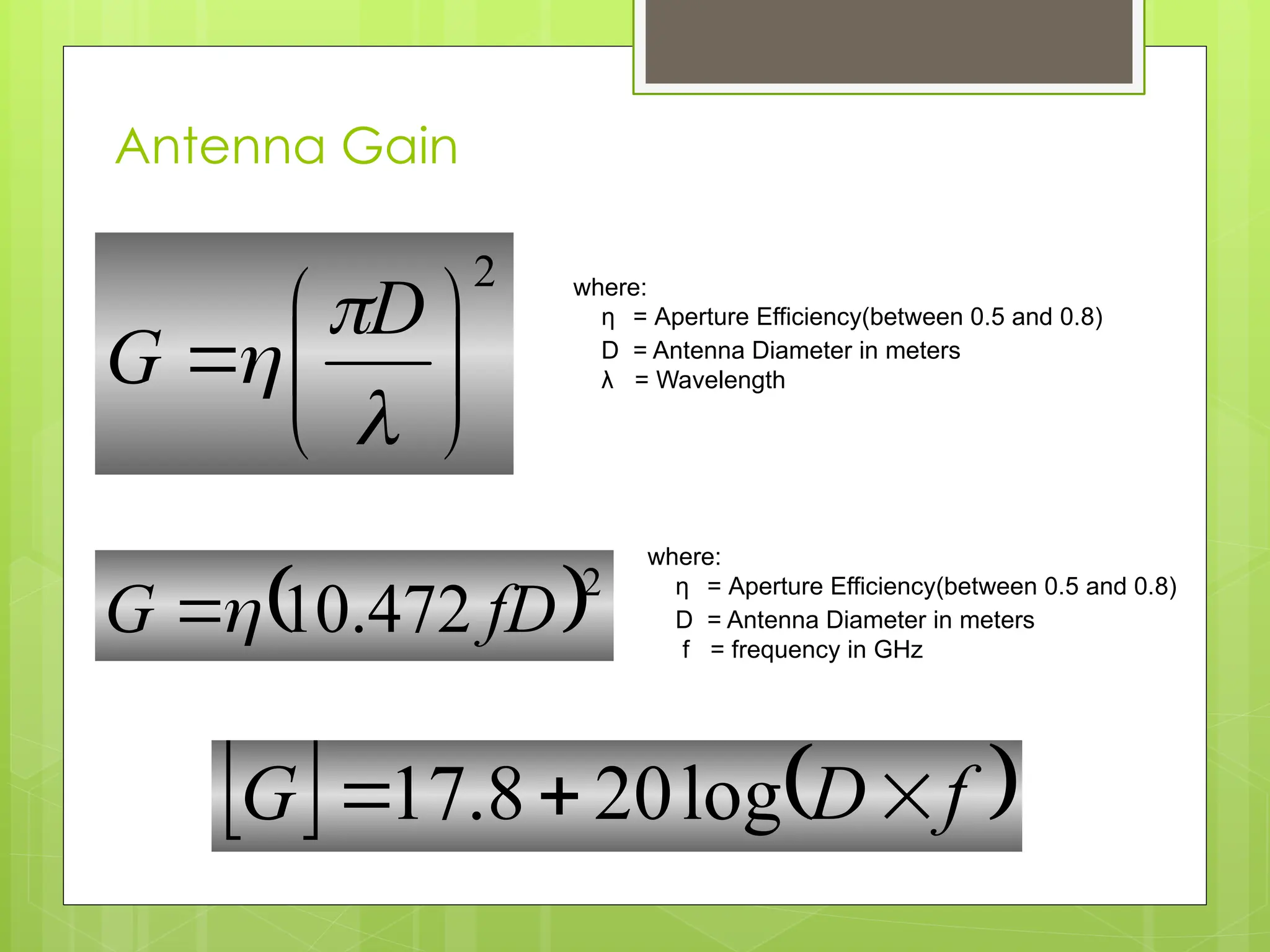Antenna Gain
 2
472
.
10 fD
G 

2










D
G
where:
η = Aperture Efficiency(between 0.5 and 0.8)
D = Antenna Diameter in meters
λ = Wavelength
where:
η = Aperture Efficiency(between 0.5 and 0.8)
D = Antenna Diameter in meters
f = frequency in GHz
   
f
D
G 

 log
20
8
.
17
 