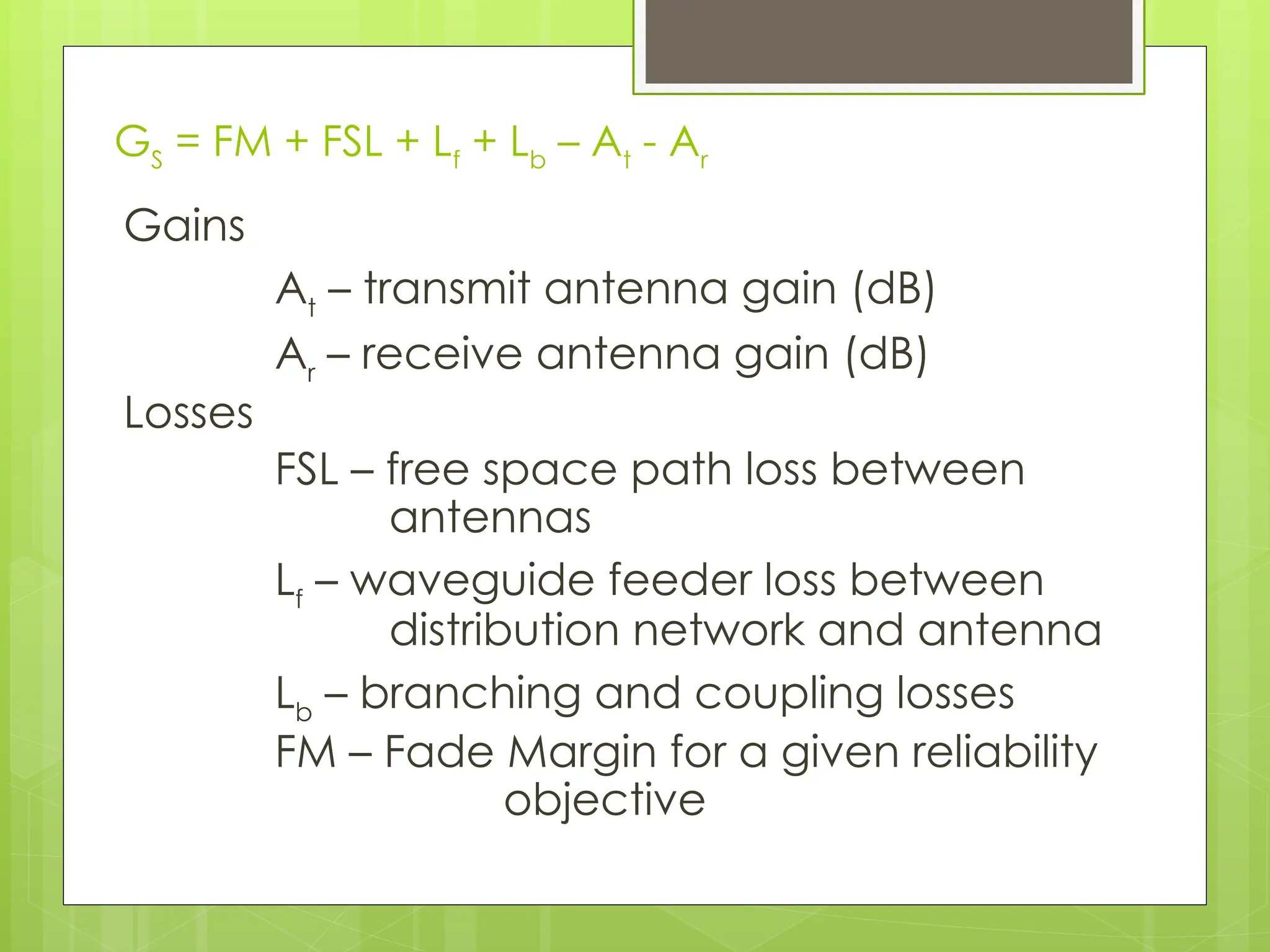 GS
= FM + FSL + Lf
+ Lb
– At
- Ar
Gains
At
– transmit antenna gain (dB)
Ar
– receive antenna gain (dB)
Losses
FSL – free space path loss between
antennas
Lf
– waveguide feeder loss between
distribution network and antenna
Lb
– branching and coupling losses
FM – Fade Margin for a given reliability
objective
 