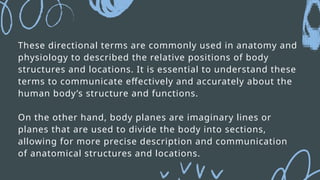 These directional terms are commonly used in anatomy and
physiology to described the relative positions of body
structures and locations. It is essential to understand these
terms to communicate effectively and accurately about the
human body’s structure and functions.
On the other hand, body planes are imaginary lines or
planes that are used to divide the body into sections,
allowing for more precise description and communication
of anatomical structures and locations.
 