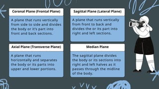 A plane that runs vertically
from side to side and divides
the body or it’s part into
front and back sections.
Coronal Plane (Frontal Plane) Sagittal Plane (Lateral Plane)
Axial Plane (Transverse Plane) Median Plane
A plane that runs vertically
from front to back and
divides the or its part into
right and left sections.
A plane that runs
horizontally and separates
the body or its parts into
upper and lower portions.
The sagittal plane divides
the body or its sections into
right and left halves as it
passes through the midline
of the body.
 