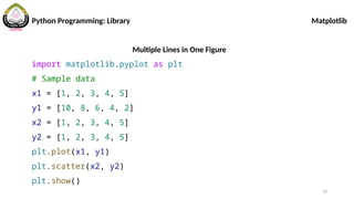 10
Python Programming: Library Matplotlib
Multiple Lines in One Figure
import matplotlib.pyplot as plt
# Sample data
x1 = [1, 2, 3, 4, 5]
y1 = [10, 8, 6, 4, 2]
x2 = [1, 2, 3, 4, 5]
y2 = [1, 2, 3, 4, 5]
plt.plot(x1, y1)
plt.scatter(x2, y2)
plt.show()
 