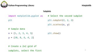 13
Subplots
import matplotlib.pyplot as
plt
# Sample data
x = [1, 2, 3, 4, 5]
y = [10, 8, 6, 4, 2]
# Create a 2x2 grid of
subplots, select the first
# Select the second subplot
plt.subplot(2, 2, 2)
plt.scatter(x, y)
plt.show()
Python Programming: Library Matplotlib
 