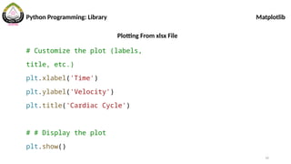 16
Plotting From xlsx File
# Customize the plot (labels,
title, etc.)
plt.xlabel('Time')
plt.ylabel('Velocity')
plt.title('Cardiac Cycle')
# # Display the plot
plt.show()
Python Programming: Library Matplotlib
 