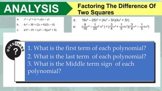 ANALYSIS Factoring The Difference Of
Two Squares
1. What is the first term of each polynomial?
2. What is the last term of each polynomial?
3. What is the Middle term sign of each
polynomial?
 