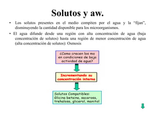 Solutos y aw.
• Los solutos presentes en el medio compiten por el agua y la “fijan”,
disminuyendo la cantidad disponible para los microorganismos.
• El agua difunde desde una región con alta concentración de agua (baja
concentración de solutos) hasta una región de menor concentración de agua
(alta concentración de solutos): Osmosis
 