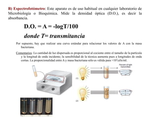 B) Espectrofotómetro: Este aparato es de uso habitual en cualquier laboratorio de
Microbiología o Bioquímica. Mide la densidad óptica (D.O.), es decir la
absorbancia.
D.O. = A = -logT/100
donde T= transmitancia
Por supuesto, hay que realizar una curva estándar para relacionar los valores de A con la masa
bacteriana.
Comentarios: La cantidad de luz dispersada es proporcional al cociente entre el tamaño de la partícula
y la longitud de onda incidente; la sensibilidad de la técnica aumenta pues a longitudes de onda
cortas. La proporcionalidad entre A y masa bacteriana sólo es válida para >107céls/ml.
 