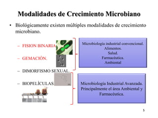 Modalidades de Crecimiento Microbiano
• Biológicamente existen múltiples modalidades de crecimiento
microbiano.
– FISION BINARIA.
– GEMACIÓN.
– DIMORFISMO SEXUAL.
– BIOPELÍCULAS.
Microbiología industrial convencional.
Alimentos.
Salud.
Farmacéutica.
Ambiental
Microbiología Industrial Avanzada.
Principalmente el área Ambiental y
Farmacéutica.
5
 