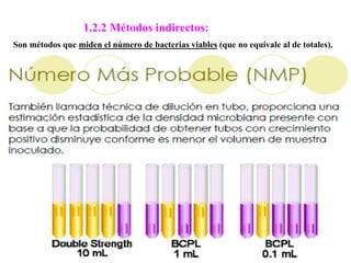 1.2.2 Métodos indirectos:
Son métodos que miden el número de bacterias viables (que no equivale al de totales).
1.2.2.1 Método del número más probable: Su fundamento estriba en la distribución de
Poisson: una distribución aleatoria de partículas en una serie de muestras iguales, en
función del número medio de partículas presentes en una suspensión.
PX = mX · e-m/x!
donde x = número real de partículas en cada muestra y m = concentración (no
partículas/volumen)
La técnica consiste en sembrar alícuotas de la suspensión original problema sobre un
medio líquido o sólido adecuado; tras el tiempo de incubación adecuado se anota la
proporción obtenida de muestras donde no se haya dado crecimiento, P0 (x = 0).
Entonces, según la distribución de Poisson:
P0= e--m
y por lo tanto es fácil calcular el valor de m:
m = -lnP0
 