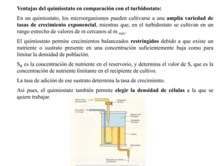 Ventajas del quimiostato en comparación con el turbidostato:
En un quimiostato, los microorganismos pueden cultivarse a una amplia variedad de
tasas de crecimiento exponencial, mientras que, en el turbidostato se cultivan en un
rango estrecho de valores de m cercanos al m máx.
El quimiostato permite crecimientos balanceados restringidos debido a que existe un
nutriente o sustrato presente en una concentración suficientemente baja como para
limitar la densidad de población.
SR es la concentración de nutriente en el reservorio, y determina el valor de S, que es la
concentración de nutriente limitante en el recipiente de cultivo.
La tasa de adición de ese sustrato determina la tasa de crecimiento.
Así pues, el quimiostato también permite elegir la densidad de células a la que se
quiere trabajar.
 