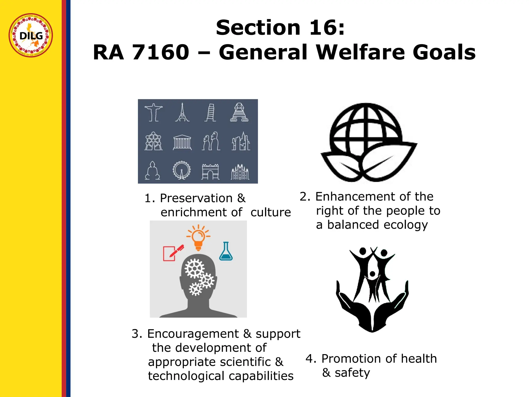 4. Promotion of health
& safety
Section 16:
RA 7160 – General Welfare Goals
1. Preservation &
enrichment of culture
culture
2. Enhancement of the
right of the people to
a balanced ecology
3. Encouragement & support
the development of
appropriate scientific &
technological capabilities
 