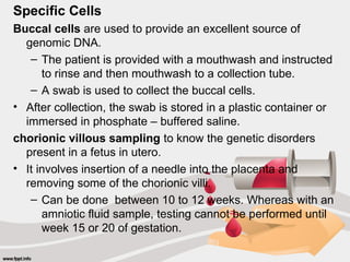 Specific Cells
Buccal cells are used to provide an excellent source of
genomic DNA.
– The patient is provided with a mouthwash and instructed
to rinse and then mouthwash to a collection tube.
– A swab is used to collect the buccal cells.
• After collection, the swab is stored in a plastic container or
immersed in phosphate – buffered saline.
chorionic villous sampling to know the genetic disorders
present in a fetus in utero.
• It involves insertion of a needle into the placenta and
removing some of the chorionic villi.
– Can be done between 10 to 12 weeks. Whereas with an
amniotic fluid sample, testing cannot be performed until
week 15 or 20 of gestation.
 