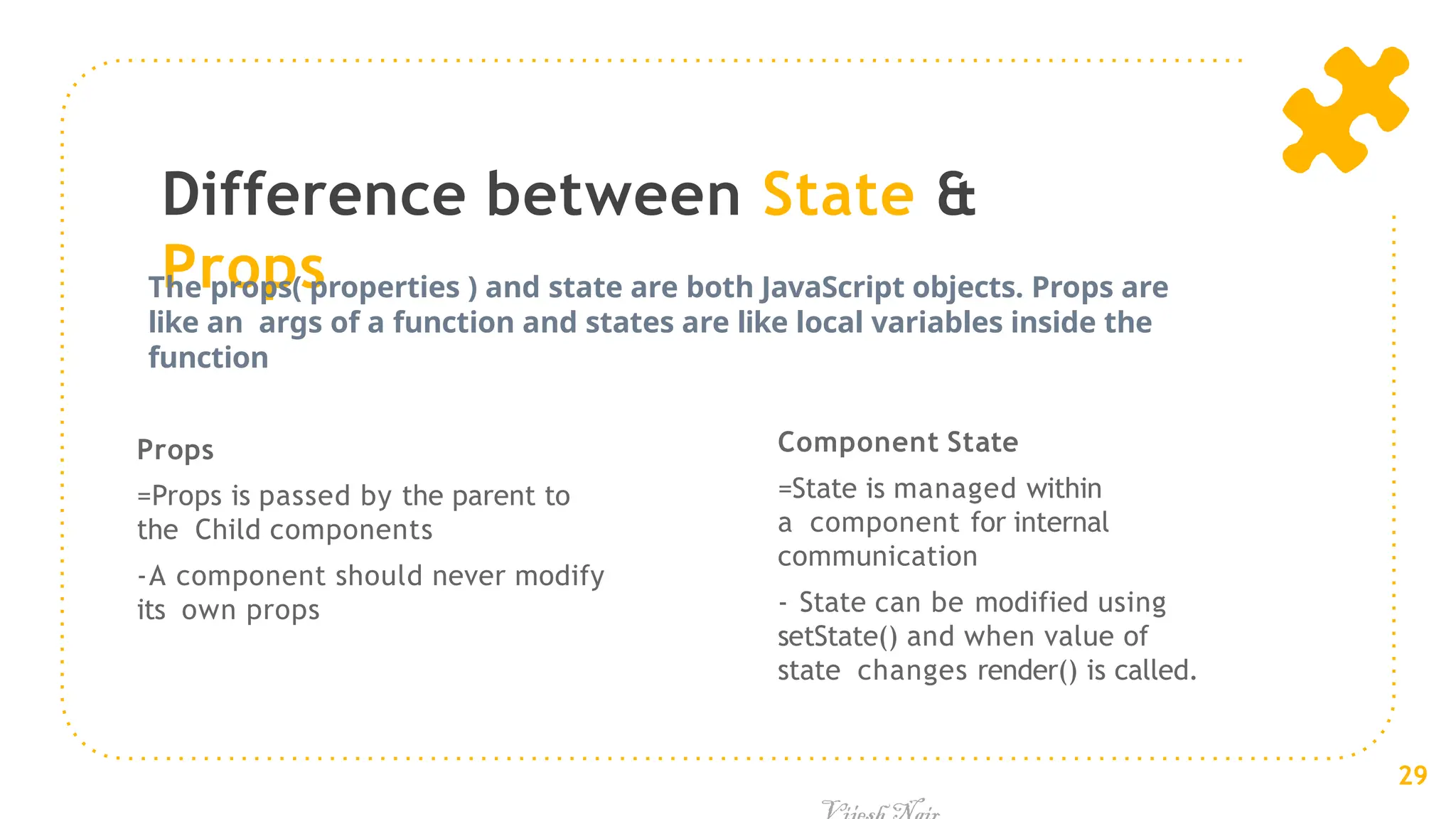Difference between State &
Props
Props
=Props is passed by the parent to
the Child components
-A component should never modify
its own props
Component State
=State is managed within
a component for internal
communication
- State can be modified using
setState() and when value of
state changes render() is called.
The props( properties ) and state are both JavaScript objects. Props are
like an args of a function and states are like local variables inside the
function
29
 
