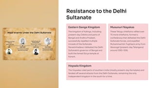 Resistance to the Delhi
Sultanate
Eastern Ganga Kingdom
The kingdom of Kalinga, including
present-day Odisha and parts of
Bengal and Andhra Pradesh,
successfully repelled multiple
inroads of the Sultanate.
Narasimhadeva I defeated the Delhi
Sultanate's governor of Bengal and
built the famed Sūrya temple at
Konark.
Musunuri Nayakas
These Telugu chieftains rallied over
75 more chieftains, formed a
confederacy that defeated the Delhi
Sultanate forces, and expelled
Muhammad bin Tughlaq's army from
Warangal (present-day Telangana)
around 1330-1336.
Hoysala Kingdom
The Hoysalas ruled parts of southern India (mostly present-day Karnataka) and
fended off several attacks from the Delhi Sultanate, remaining the only
independent kingdom in the south for a time.
 