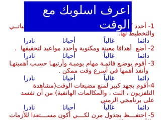 1
‫ي‬ ‫واجبات‬ ‫ي‬ ‫ف‬ ‫ر‬ ‫للتفكي‬ ‫ت‬ ‫الوق‬ ‫ض‬ ‫بع‬ ‫يوم‬ ‫ل‬ ‫ك‬ ‫أحدد‬ -
.‫لها‬ ‫والتخطيط‬
‫نادرا‬ ‫أحيانا‬ ً‫غالبا‬ ‫دائما‬
2
. ‫لتحقيقها‬ ‫مواعيد‬ ‫وأحدد‬ ‫ومكتوبة‬ ‫معينة‬ ‫أهدافا‬ ‫أضع‬ -
‫نادرا‬ ‫أحيانا‬ ً‫غالبا‬ ‫دائما‬
3
‫ا‬ ‫أهميته‬ ‫ب‬ ‫حس‬ ‫ا‬ ‫وأرتبه‬ ‫ة‬ ‫يومي‬ ‫مهام‬ ‫ة‬ ‫قائم‬ ‫ع‬ ‫بوض‬ ‫أقوم‬ -
. ‫ممكن‬ ‫وقت‬ ‫أسرع‬ ‫في‬ ‫أهمها‬ ‫وأنفذ‬
‫نادرا‬ ‫أحيانا‬ ً‫غالبا‬ ‫دائما‬
4
‫الوقت(مشاهدة‬ ‫مضيعات‬ ‫لمنع‬ ‫كبير‬ ‫بجهد‬ ‫أقوم‬-
‫تفسد‬ ‫أن‬ ‫من‬ )‫الهاتفية‬ ‫والمكالمات‬ ، ‫النت‬ ، ‫التلفزيون‬
‫الزمني‬ ‫برنامجي‬ ‫على‬
‫نادرا‬ ‫أحيانا‬ ً‫غالبا‬ ‫دائما‬
5
‫لألزمات‬ ‫تعدا‬ ‫مس‬ ‫أكون‬ ‫ي‬ ‫لك‬ ‫مرن‬ ‫بجدول‬ ‫ظ‬ ‫احتف‬ -
‫مع‬ ‫اسلوبك‬ ‫اعرف‬
‫الوقت‬
 