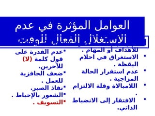 
‫الدقيق‬ ‫التحديد‬ ‫عدم‬
. ‫المهام‬ ‫أو‬ ‫لألهداف‬

‫احالم‬ ‫في‬ ‫االستغراق‬
. ‫اليقظة‬

‫الحالة‬ ‫استقرار‬ ‫عدم‬
. ‫المزاجية‬

‫االلتزام‬ ‫وقلة‬ ‫الالمباالة‬
.

‫االنضباط‬ ‫إلى‬ ‫االفتقار‬
.‫الذاتي‬
‫عدم‬ ‫في‬ ‫المؤثرة‬ ‫العوامل‬
‫للوقت‬ ‫الفعال‬ ‫االستغالل‬

‫على‬ ‫القدرة‬ ‫عدم‬
‫كلمة‬ ‫قول‬
)‫(ال‬
‫لآلخرين‬
.

‫الحافزية‬ ‫ضعف‬
. ‫للعمل‬

.‫الصبر‬ ‫نفاذ‬

. ‫باإلحباط‬ ‫الشعور‬

. ‫التسويف‬
‫الشخصية‬ ‫األسباب‬
Personal Reasons
:
 