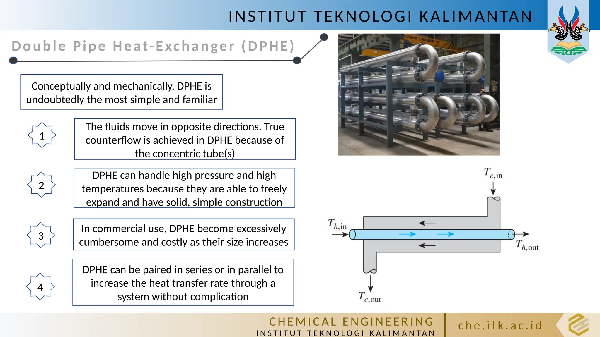 INSTITUT TEKNOLOGI KALIMANTAN
C HE M IC A L E N GI NE E R I NG
I N S T I T U T T E K N O L O G I K A L I M A N TA N
c h e. itk. ac .id
Double Pipe Heat-Exchanger (DPHE)
Conceptually and mechanically, DPHE is
undoubtedly the most simple and familiar
The fluids move in opposite directions. True
counterflow is achieved in DPHE because of
the concentric tube(s)
1
In commercial use, DPHE become excessively
cumbersome and costly as their size increases
3
DPHE can handle high pressure and high
temperatures because they are able to freely
expand and have solid, simple construction
2
DPHE can be paired in series or in parallel to
increase the heat transfer rate through a
system without complication
4
 