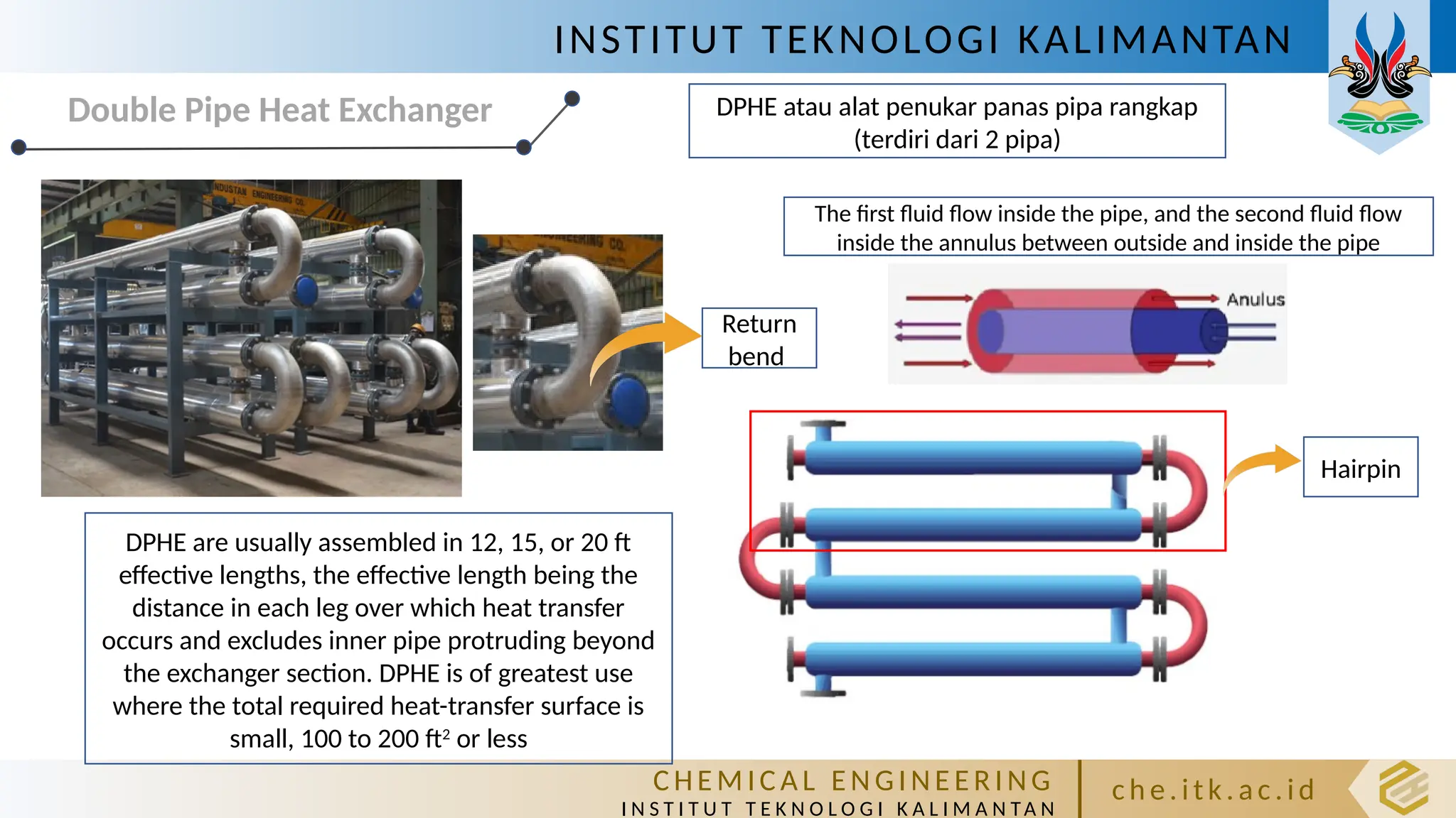 INSTITUT TEKNOLOGI KALIMANTAN
C HE M IC A L E N GI NE E R I NG
I N S T I T U T T E K N O L O G I K A L I M A N TA N
c h e. itk. ac .id
Double Pipe Heat Exchanger DPHE atau alat penukar panas pipa rangkap
(terdiri dari 2 pipa)
Return
bend
The first fluid flow inside the pipe, and the second fluid flow
inside the annulus between outside and inside the pipe
Hairpin
DPHE are usually assembled in 12, 15, or 20 ft
effective lengths, the effective length being the
distance in each leg over which heat transfer
occurs and excludes inner pipe protruding beyond
the exchanger section. DPHE is of greatest use
where the total required heat-transfer surface is
small, 100 to 200 ft2
or less
 