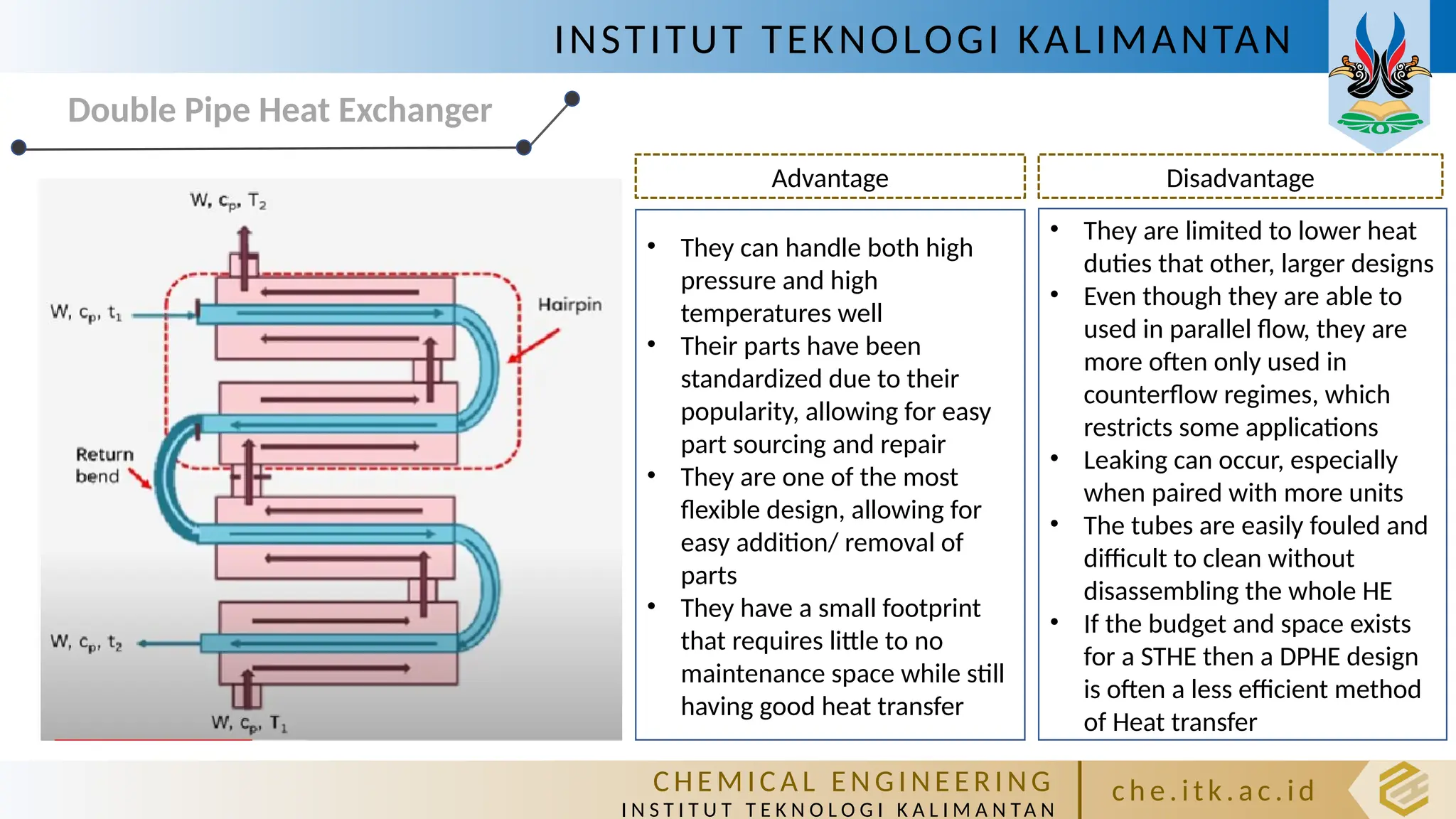INSTITUT TEKNOLOGI KALIMANTAN
C HE M IC A L E N GI NE E R I NG
I N S T I T U T T E K N O L O G I K A L I M A N TA N
c h e. itk. ac .id
Double Pipe Heat Exchanger
Advantage Disadvantage
• They can handle both high
pressure and high
temperatures well
• Their parts have been
standardized due to their
popularity, allowing for easy
part sourcing and repair
• They are one of the most
flexible design, allowing for
easy addition/ removal of
parts
• They have a small footprint
that requires little to no
maintenance space while still
having good heat transfer
• They are limited to lower heat
duties that other, larger designs
• Even though they are able to
used in parallel flow, they are
more often only used in
counterflow regimes, which
restricts some applications
• Leaking can occur, especially
when paired with more units
• The tubes are easily fouled and
difficult to clean without
disassembling the whole HE
• If the budget and space exists
for a STHE then a DPHE design
is often a less efficient method
of Heat transfer
 