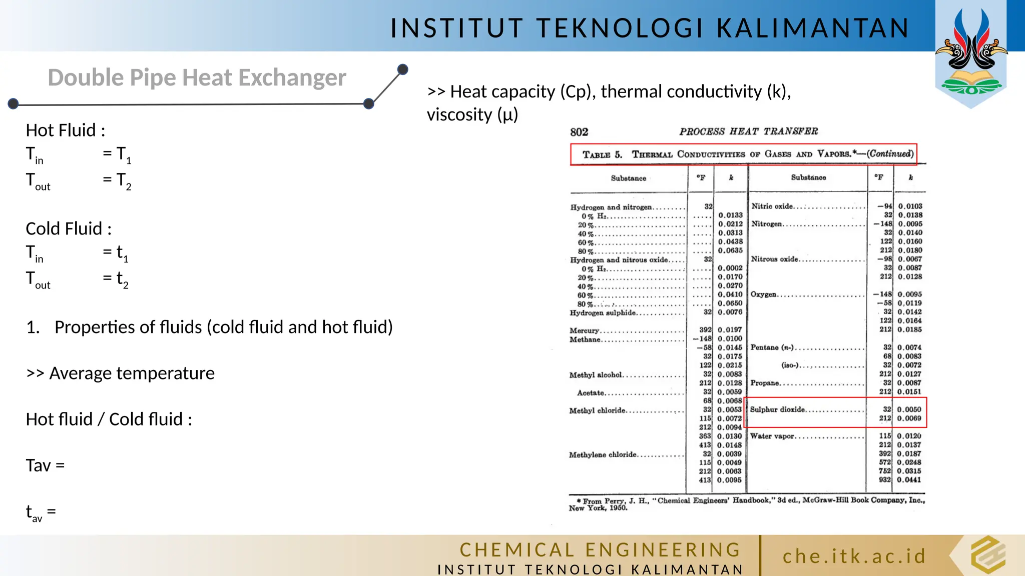 INSTITUT TEKNOLOGI KALIMANTAN
C HE M IC A L E N GI NE E R I NG
I N S T I T U T T E K N O L O G I K A L I M A N TA N
c h e. itk. ac .id
Double Pipe Heat Exchanger
Hot Fluid :
Tin = T1
Tout = T2
Cold Fluid :
Tin = t1
Tout = t2
1. Properties of fluids (cold fluid and hot fluid)
>> Average temperature
Hot fluid / Cold fluid :
Tav =
tav =
>> Heat capacity (Cp), thermal conductivity (k),
viscosity (µ)
 
