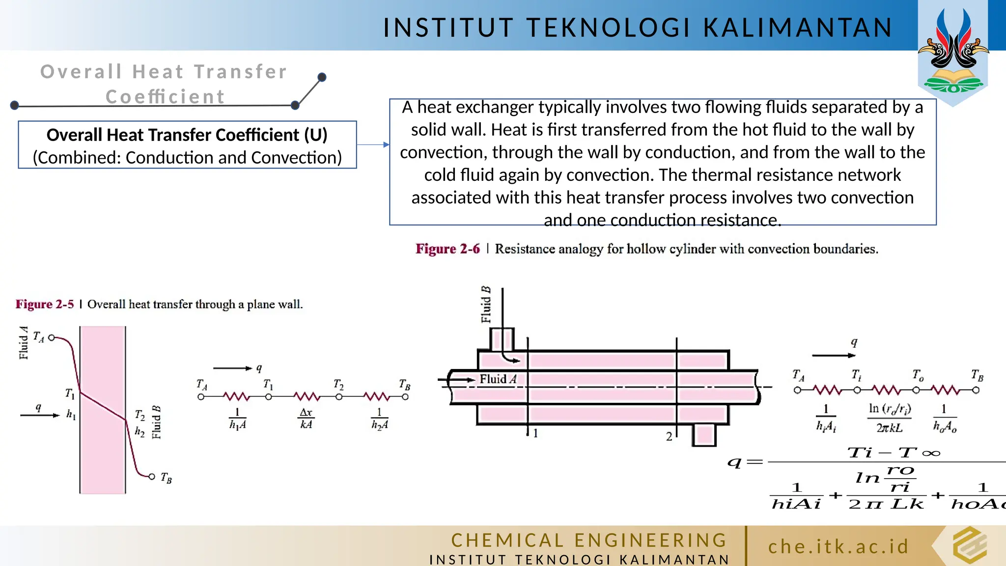 INSTITUT TEKNOLOGI KALIMANTAN
C HE M IC A L E N GI NE E R I NG
I N S T I T U T T E K N O L O G I K A L I M A N TA N
c h e. itk. ac .id
Ove ral l Heat Tra n sfer
Co effi c ie nt
Overall Heat Transfer Coefficient (U)
(Combined: Conduction and Convection)
A heat exchanger typically involves two flowing fluids separated by a
solid wall. Heat is first transferred from the hot fluid to the wall by
convection, through the wall by conduction, and from the wall to the
cold fluid again by convection. The thermal resistance network
associated with this heat transfer process involves two convection
and one conduction resistance.
𝑞=
𝑇𝑖 − 𝑇 ∞
1
h𝑖𝐴𝑖
+
𝑙𝑛
𝑟𝑜
𝑟𝑖
2 𝜋 𝐿𝑘
+
1
h𝑜𝐴𝑜
 