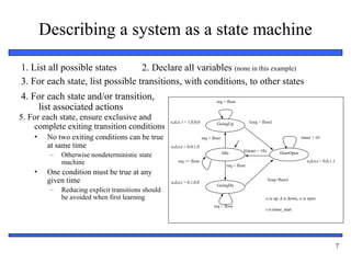 Embedded Systems Design: A Unified
Hardware/Software Introduction, (c) 2000 Vahid/Givargis
7
Describing a system as a state machine
1. List all possible states 2. Declare all variables (none in this example)
3. For each state, list possible transitions, with conditions, to other states
4. For each state and/or transition,
list associated actions
5. For each state, ensure exclusive and
complete exiting transition conditions
• No two exiting conditions can be true
at same time
– Otherwise nondeterministic state
machine
• One condition must be true at any
given time
– Reducing explicit transitions should
be avoided when first learning
req > floor
!(req > floor)
u,d,o, t = 1,0,0,0
u,d,o,t = 0,0,1,0
u,d,o,t = 0,1,0,0
u,d,o,t = 0,0,1,1
u is up, d is down, o is open
req < floor
req > floor
req == floor
req < floor
!(req<floor)
!(timer < 10)
timer < 10
t is timer_start
Idle
GoingUp
DoorOpen
GoingDn
 