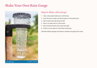 Make Your Own Rain Gauge
Steps to Make a Rain Gauge:
Take a clear plastic bottle and cut off the top
1.
Invert the top to create a funnel and place it in the bottom part
2.
Add a measuring scale along the side
3.
Place in an open area on a flat surface
4.
Record measurements at the same time daily
5.
If there is snow, allow it to melt before measuring
6.
Calculate weekly averages and observe variations throughout the month.
 