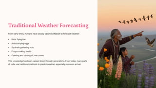 Traditional Weather Forecasting
From early times, humans have closely observed Nature to forecast weather:
Birds flying low
Ants carrying eggs
Squirrels gathering nuts
Frogs croaking loudly
Opening and closing of pine cones
This knowledge has been passed down through generations. Even today, many parts
of India use traditional methods to predict weather, especially monsoon arrival.
 
